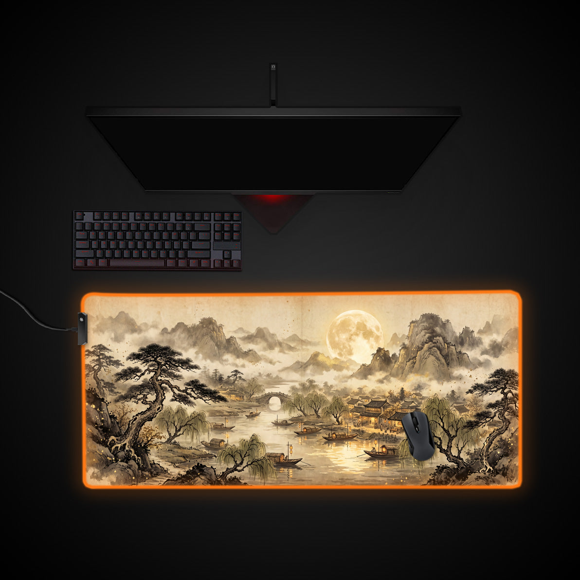 Moonlit Ink Village desk mat with RGB edge lighting