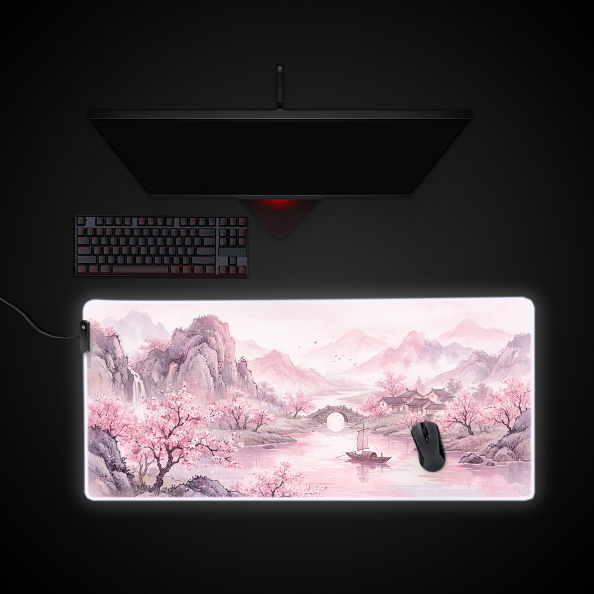 Serene Blossom River desk mat with RGB edge lighting