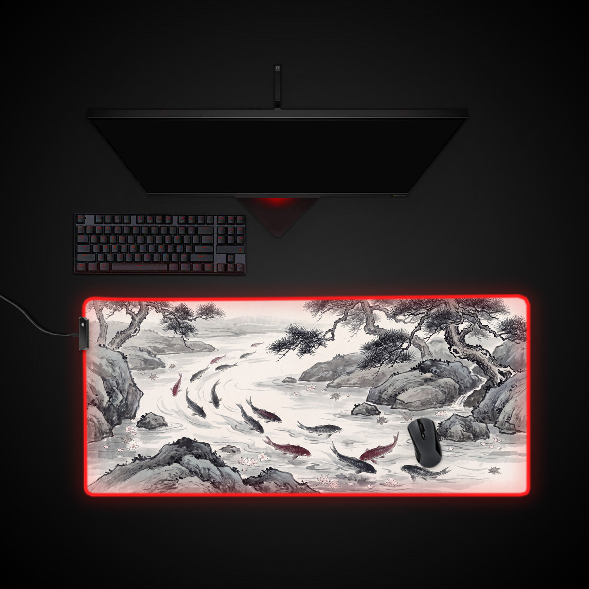 Ink Wash Koi desk mat with RGB edge lighting