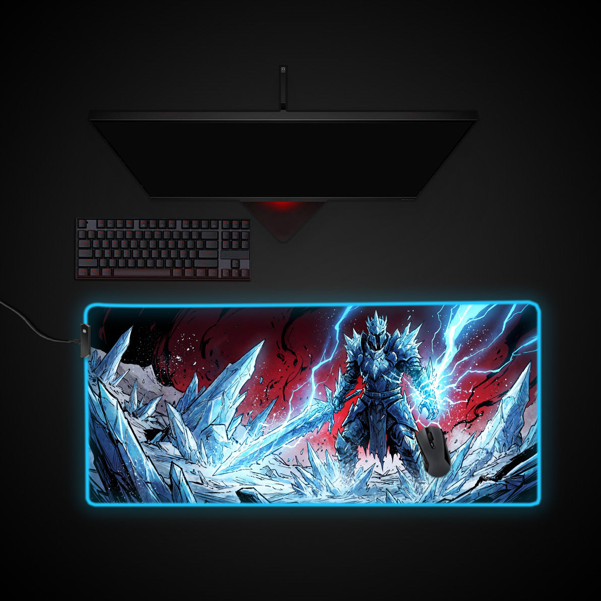 Frostbound Warrior desk mat with RGB edge lighting