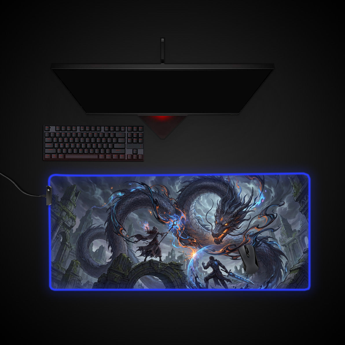 Abyssal Dragon Battle desk mat with RGB edge lighting
