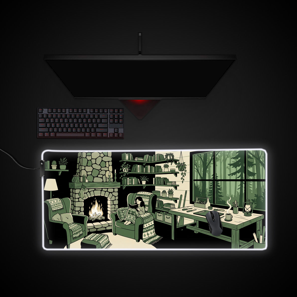 Cozy Cabin Retreat desk mat with RGB edge lighting