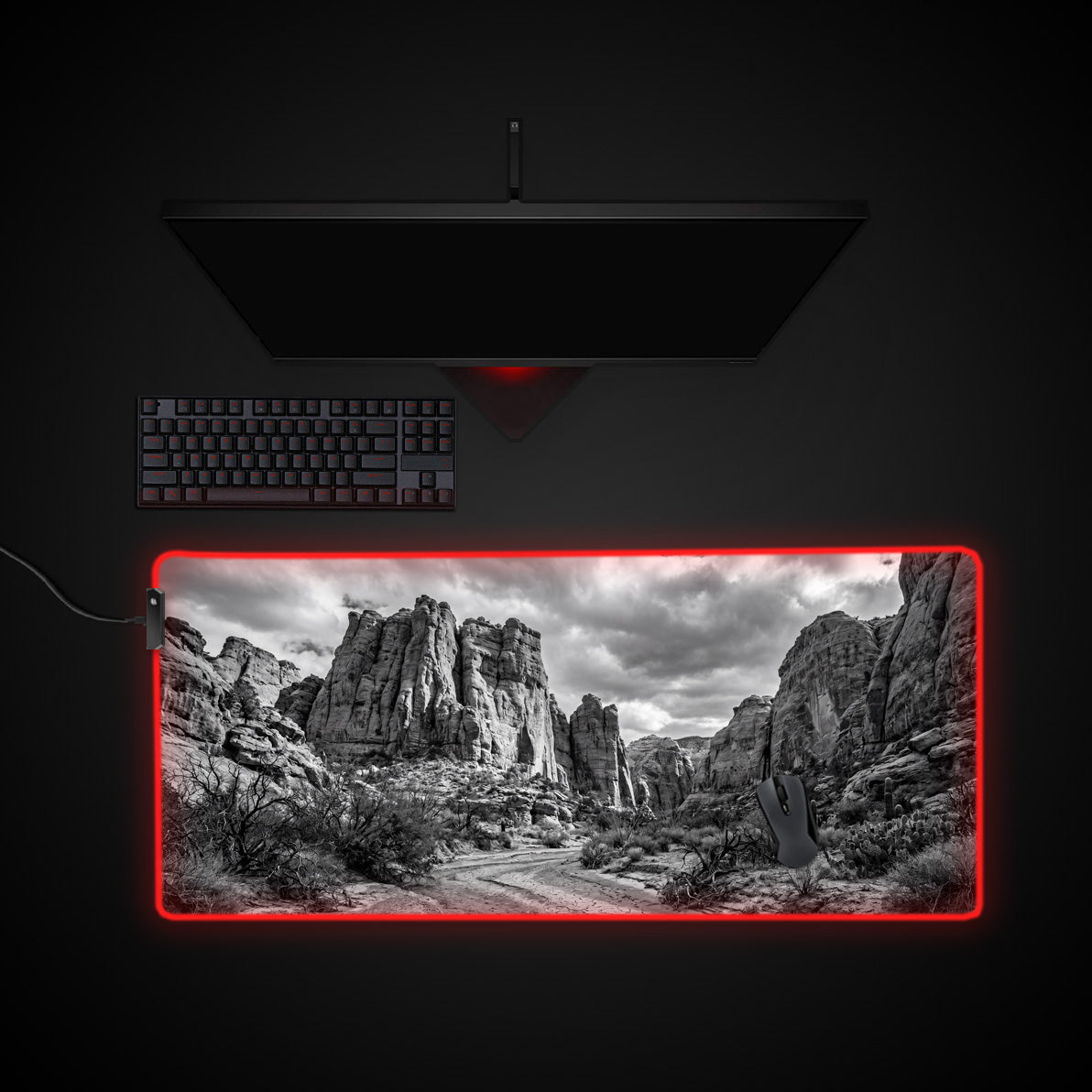 Monochrome Canyon desk mat with RGB edge lighting
