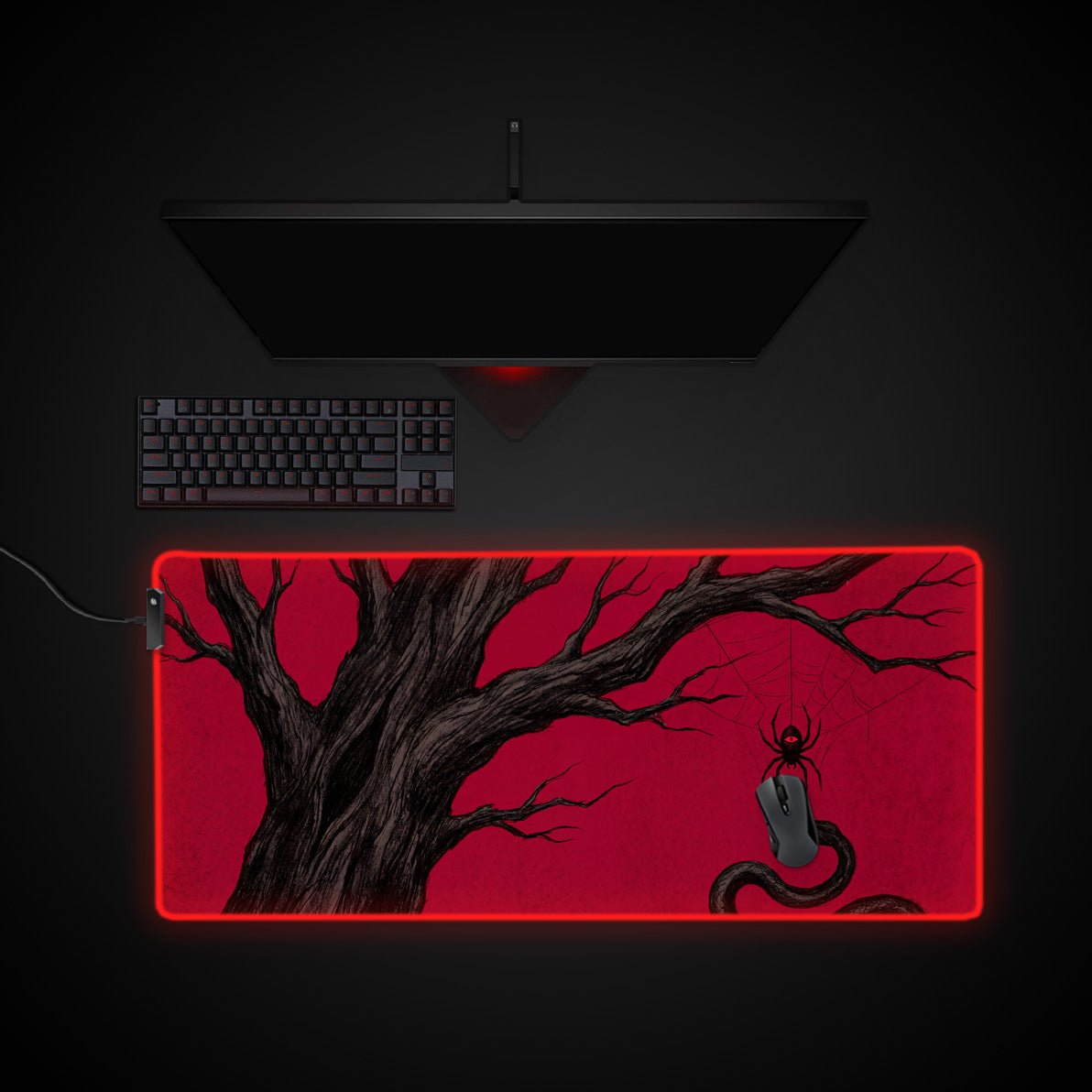 Crimson Web desk mat with RGB edge lighting