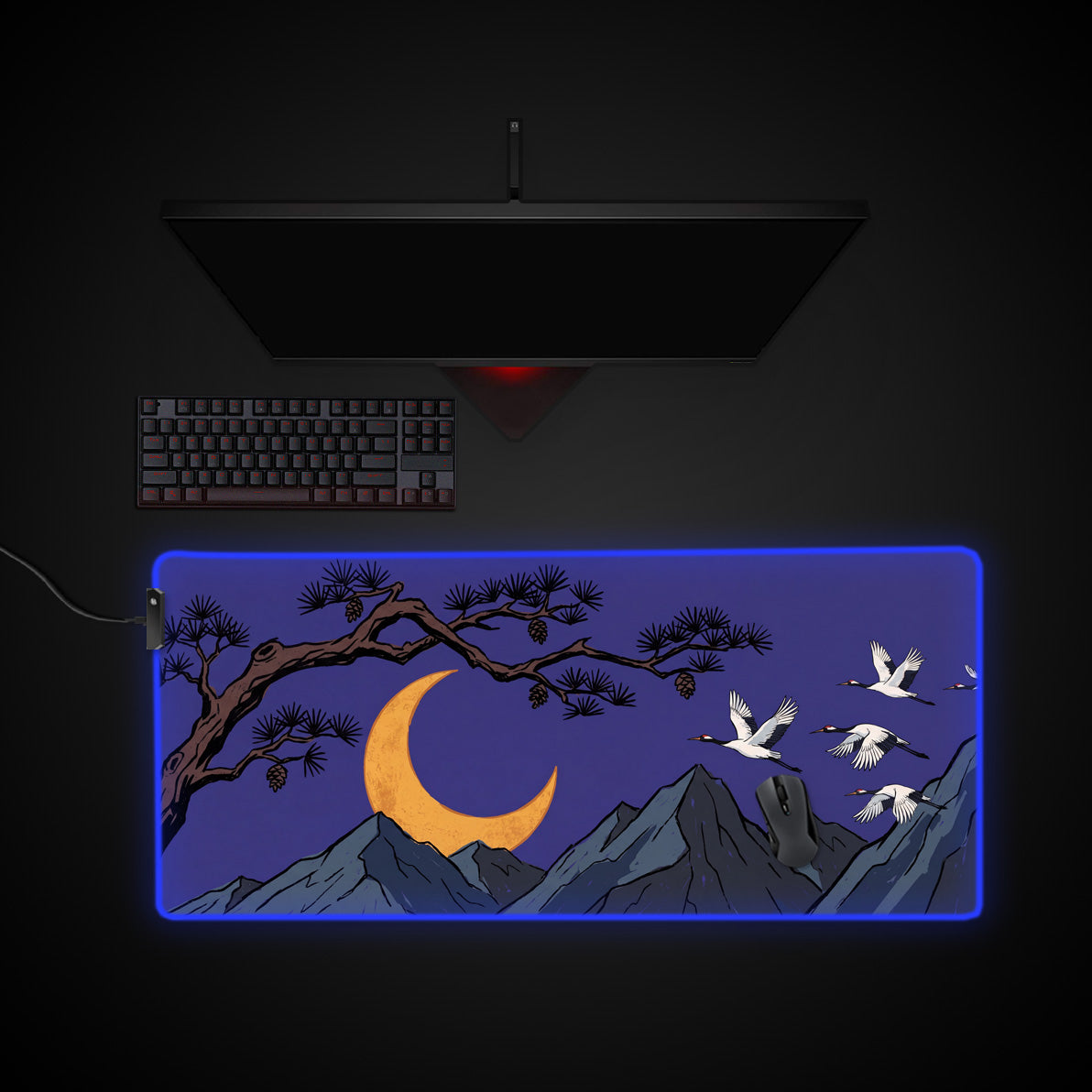 Moonlit Cranes desk mat with RGB edge lighting