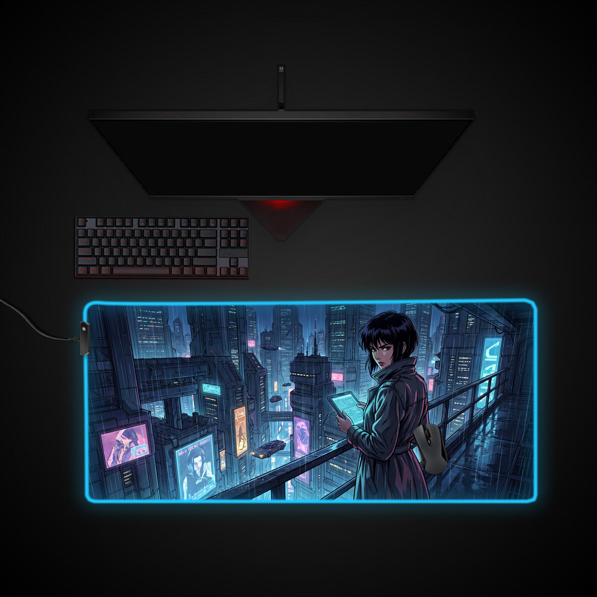 Cyberpunk Detective desk mat with RGB edge lighting