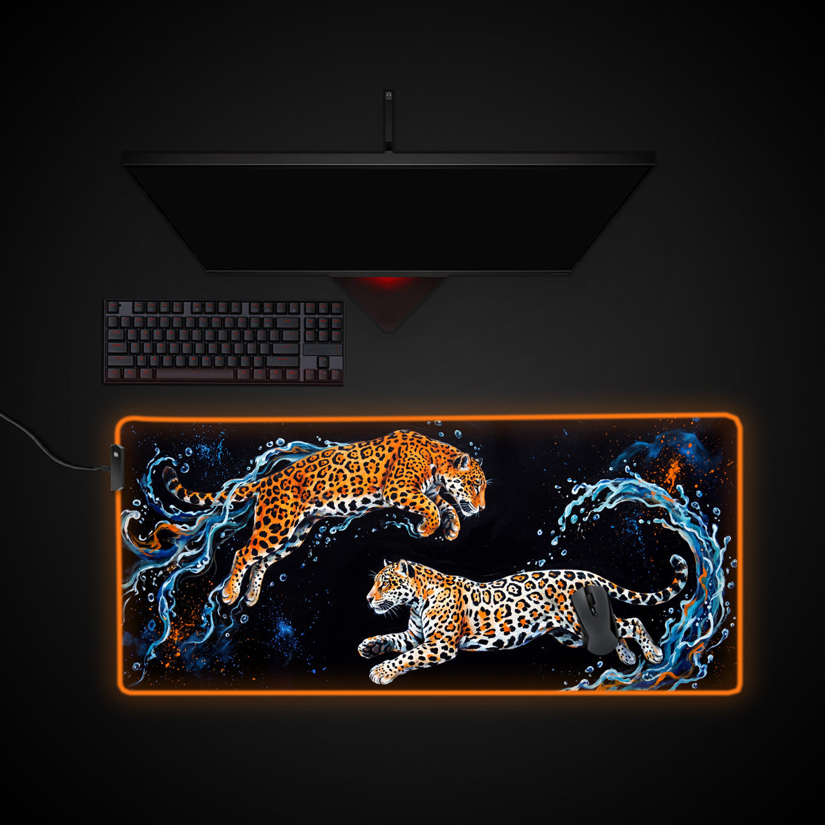 Leopard Splash desk mat with RGB edge lighting