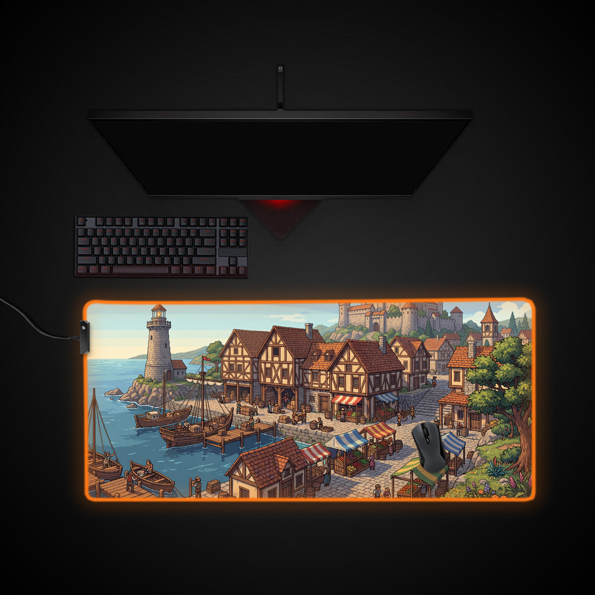 Medieval Coastal Village desk mat with RGB edge lighting