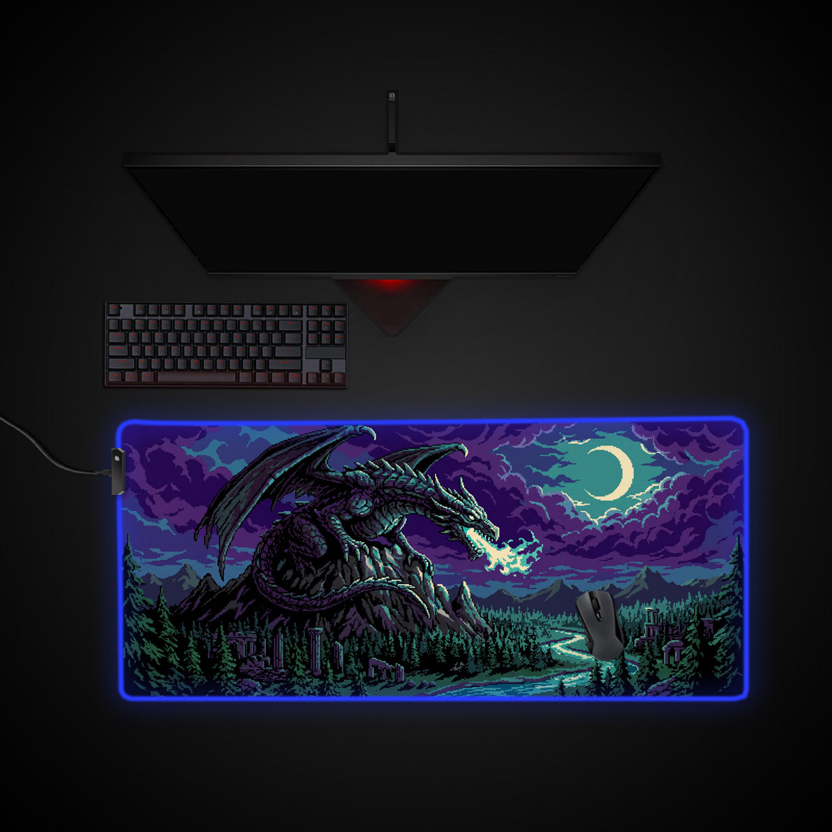 Moonlight Pixel Dragon desk mat with RGB edge lighting