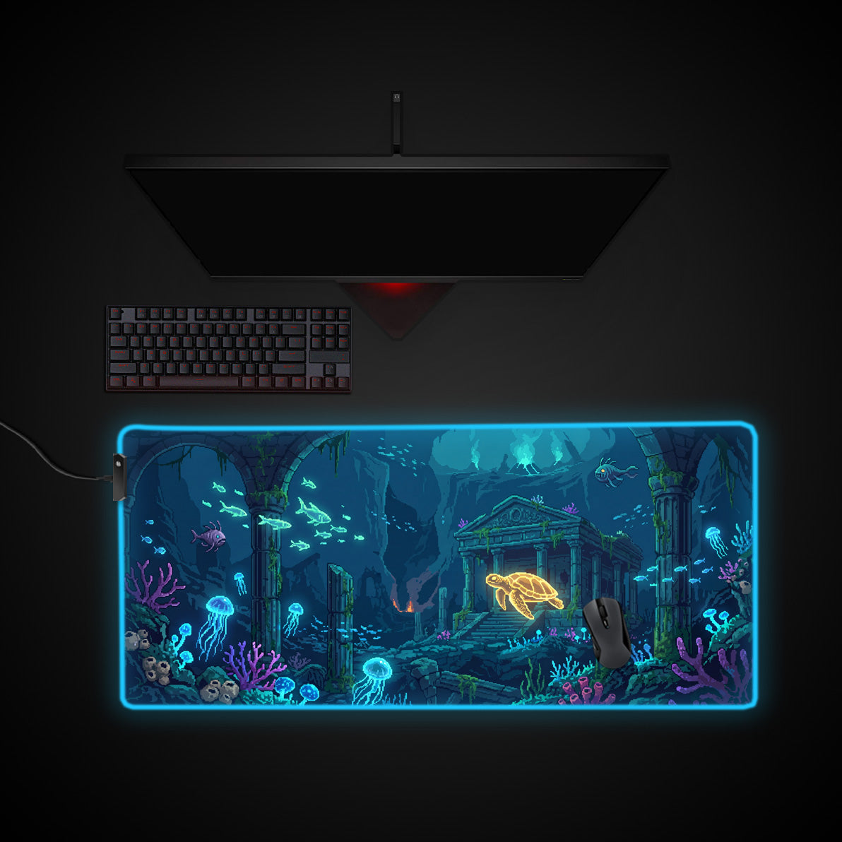 Luminous Sea Turtle desk mat with RGB edge lighting