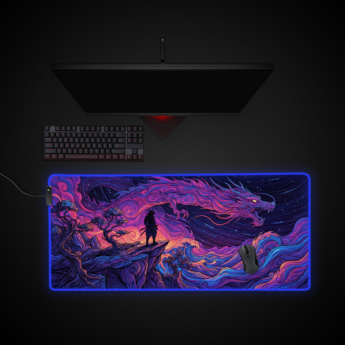 Neon Samurai Dragon desk mat with RGB edge lighting