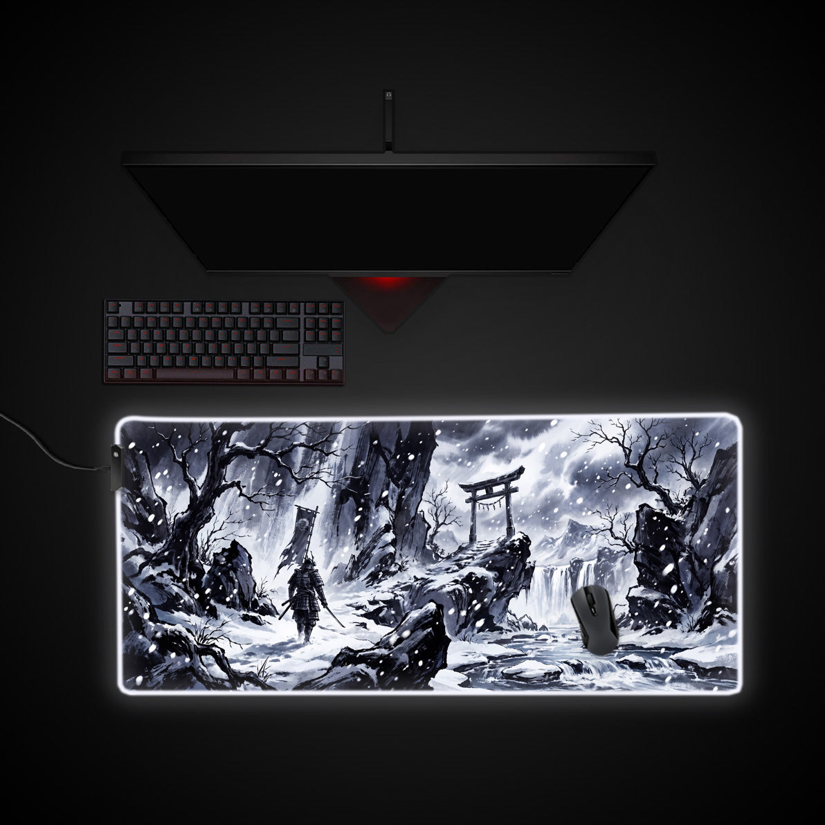 Frostbound Samurai desk mat with RGB edge lighting