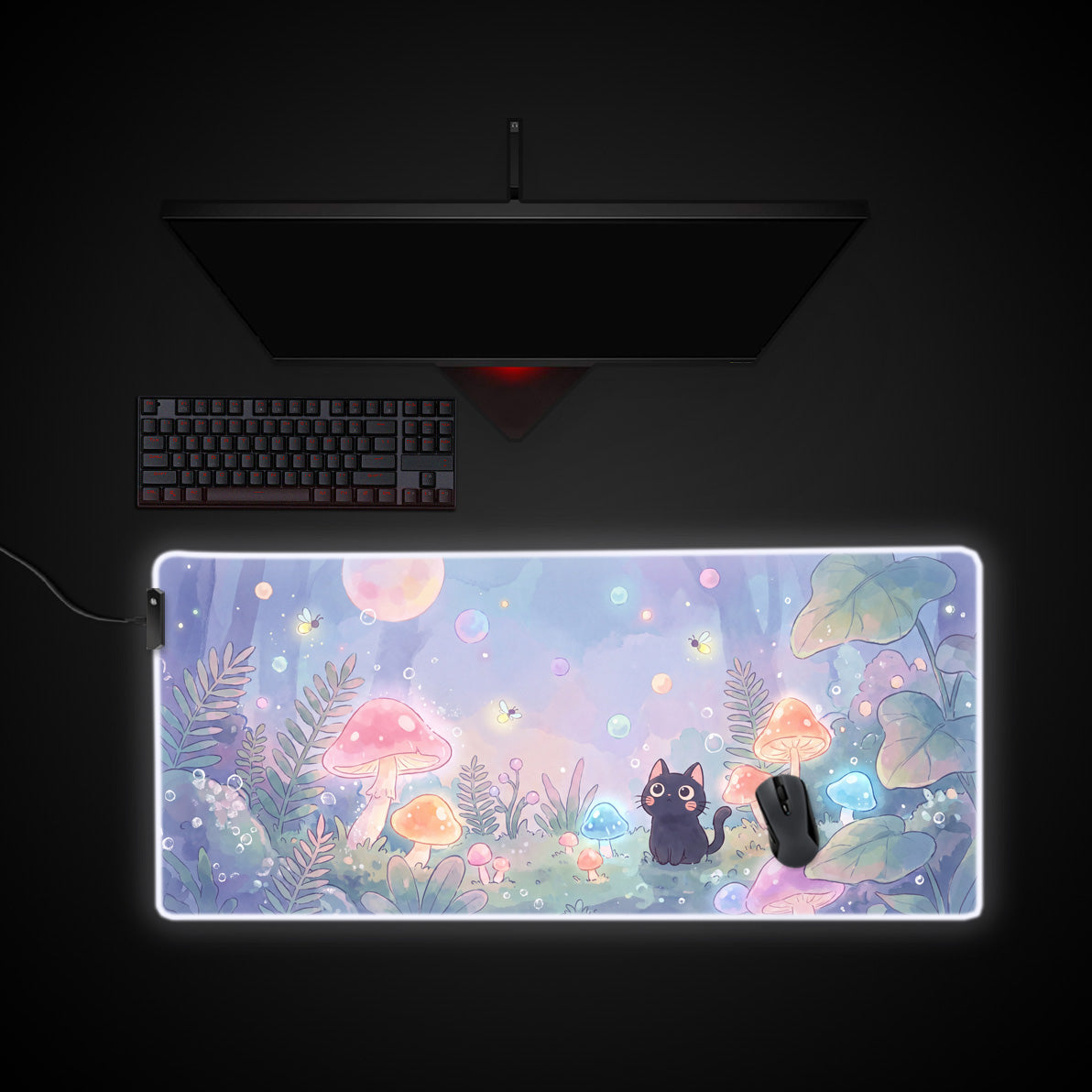 Pastel Mushroom Cat desk mat with RGB edge lighting