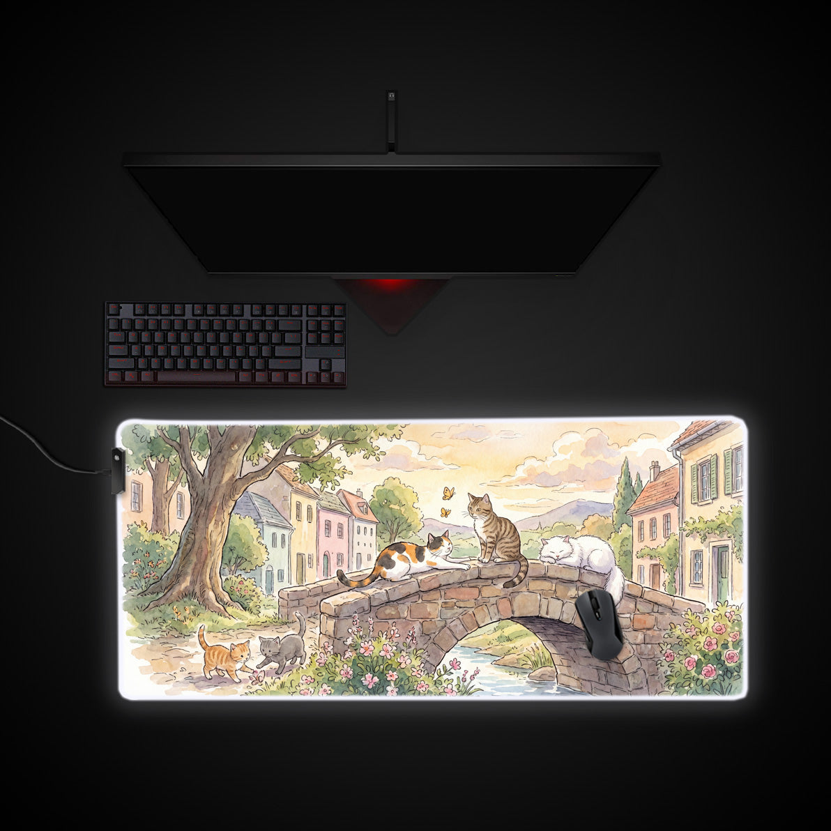 Village Cat Bridge desk mat with RGB edge lighting