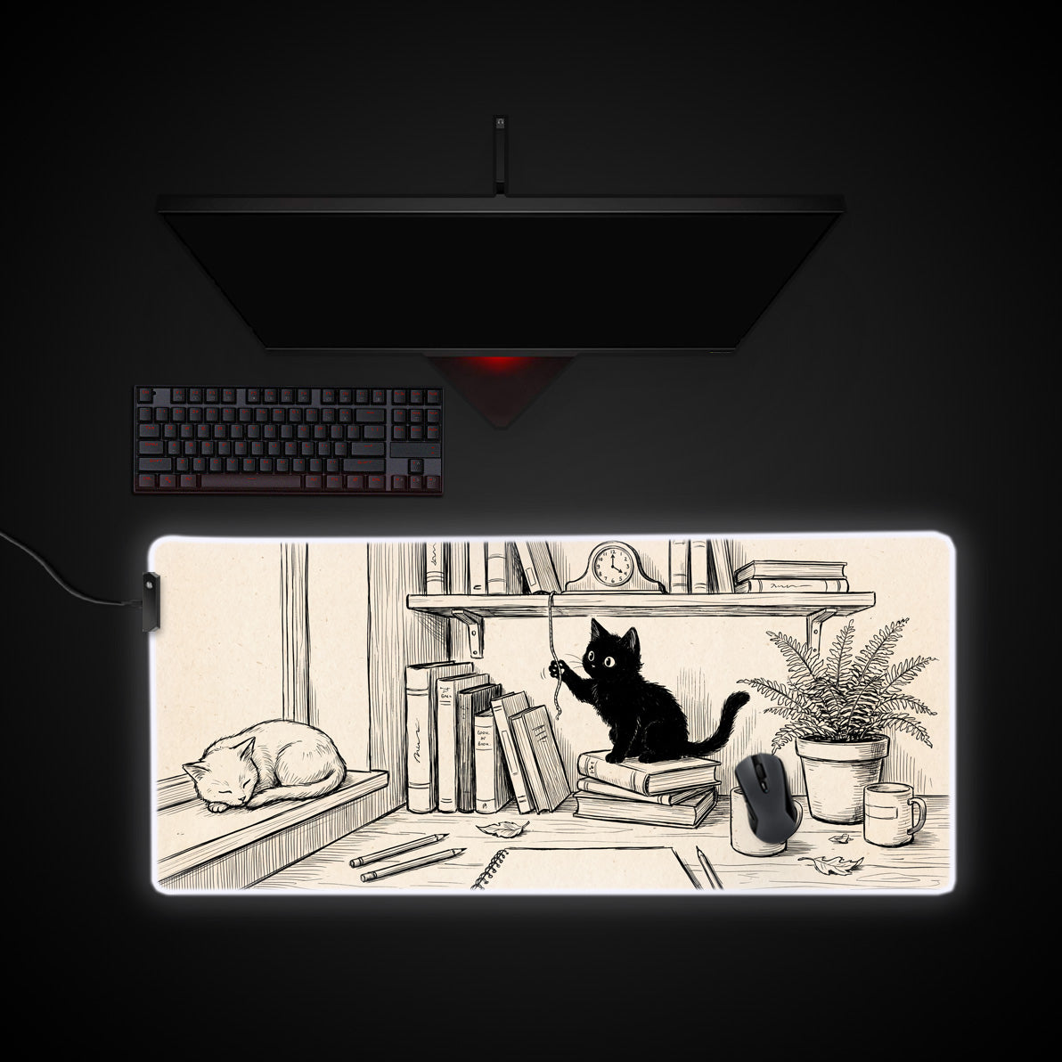 Feline Study Sketch desk mat with RGB edge lighting
