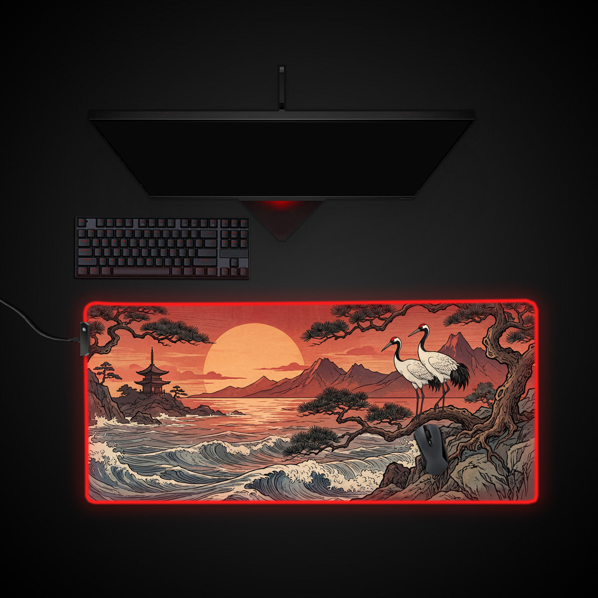 Sunset Cranes desk mat with RGB edge lighting