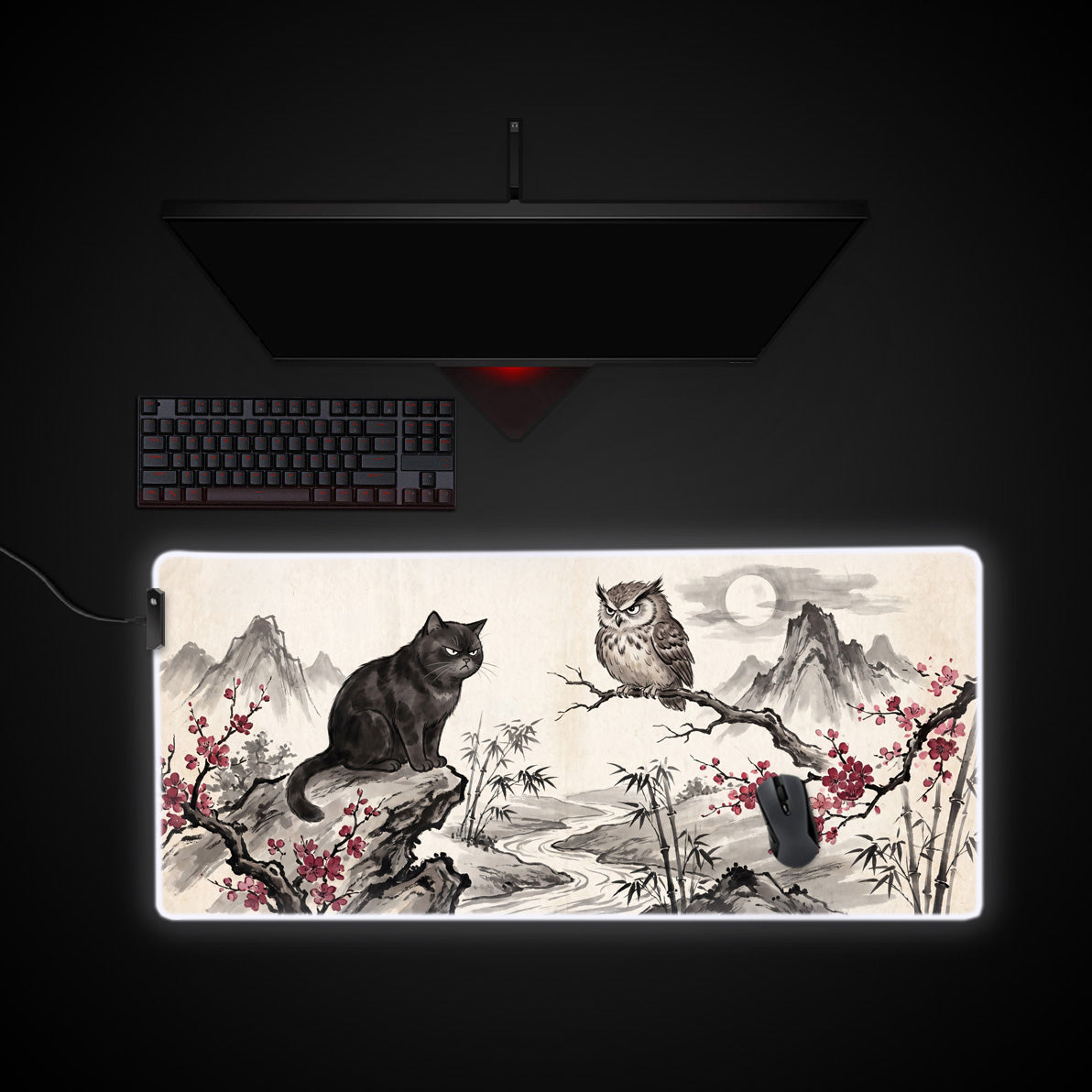 Ink Wash Watchers desk mat with RGB edge lighting