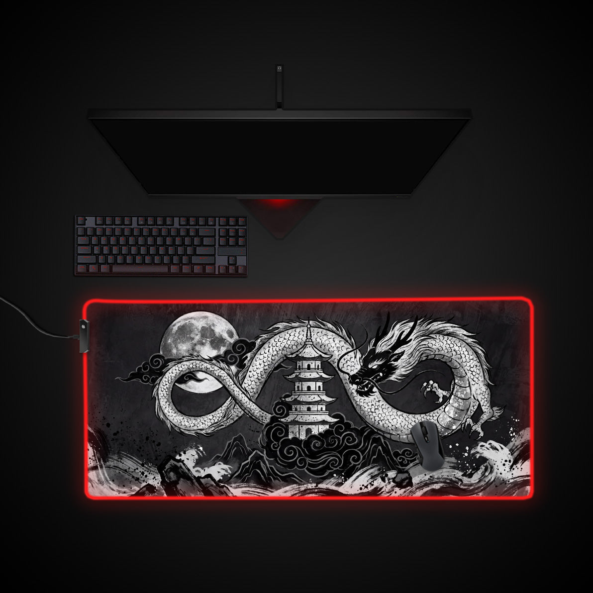 Ink Wash Dragon desk mat with RGB edge lighting