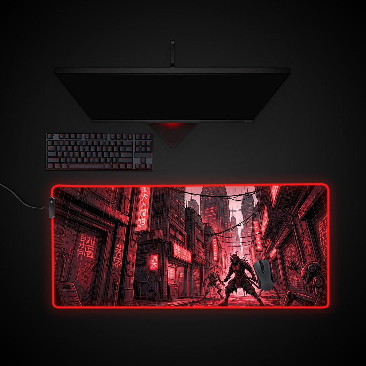 Crimson Samurai desk mat with RGB edge lighting