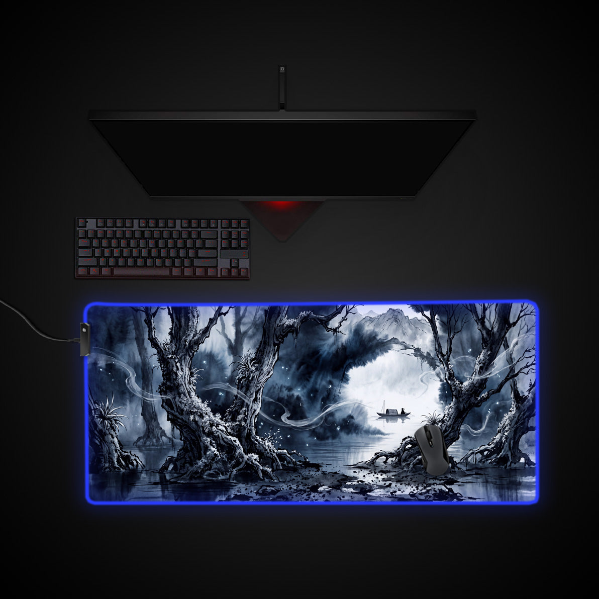 Misty Ink Forest desk mat with RGB edge lighting