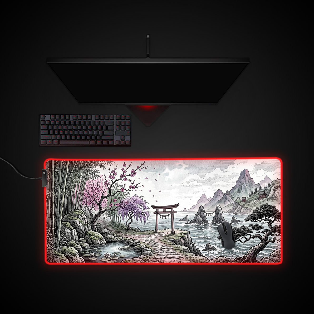 Tranquil Torii desk mat with RGB edge lighting