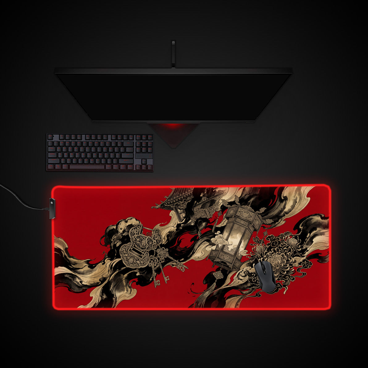 Crimson Dynasty desk mat with RGB edge lighting