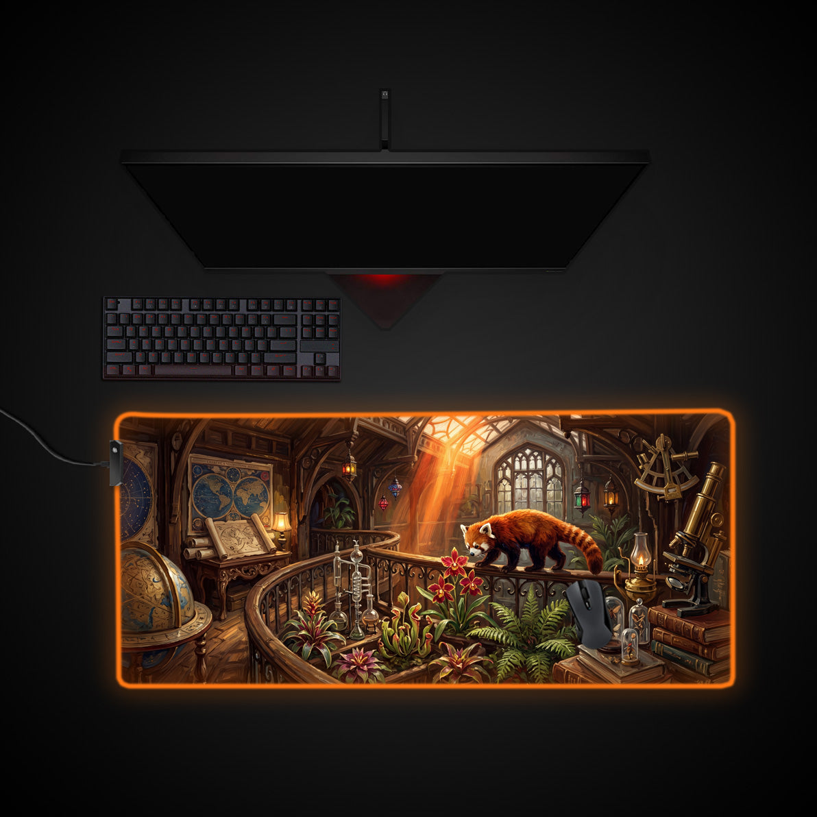 Red Panda Sanctuary desk mat with RGB edge lighting