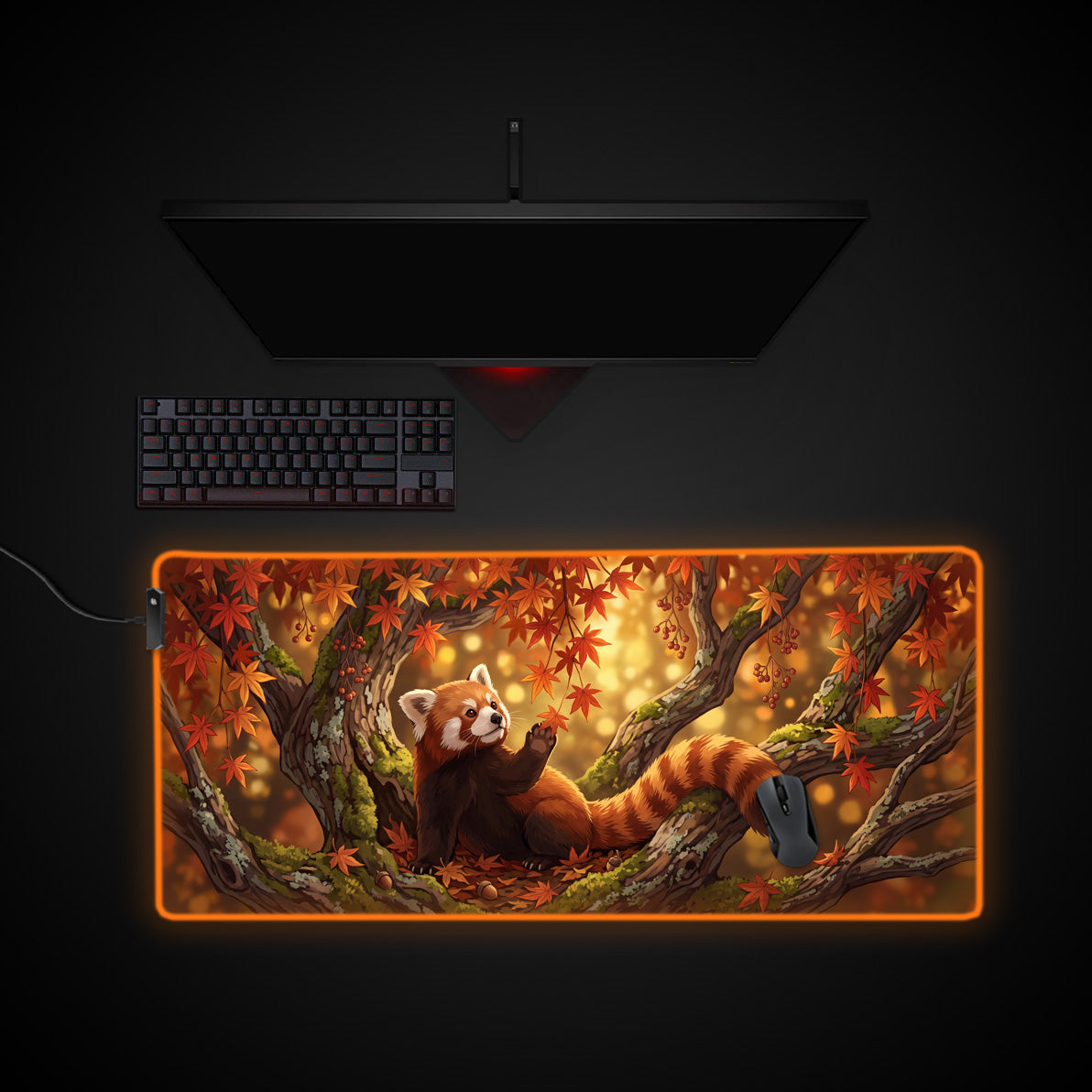 Autumn Red Panda desk mat with RGB edge lighting
