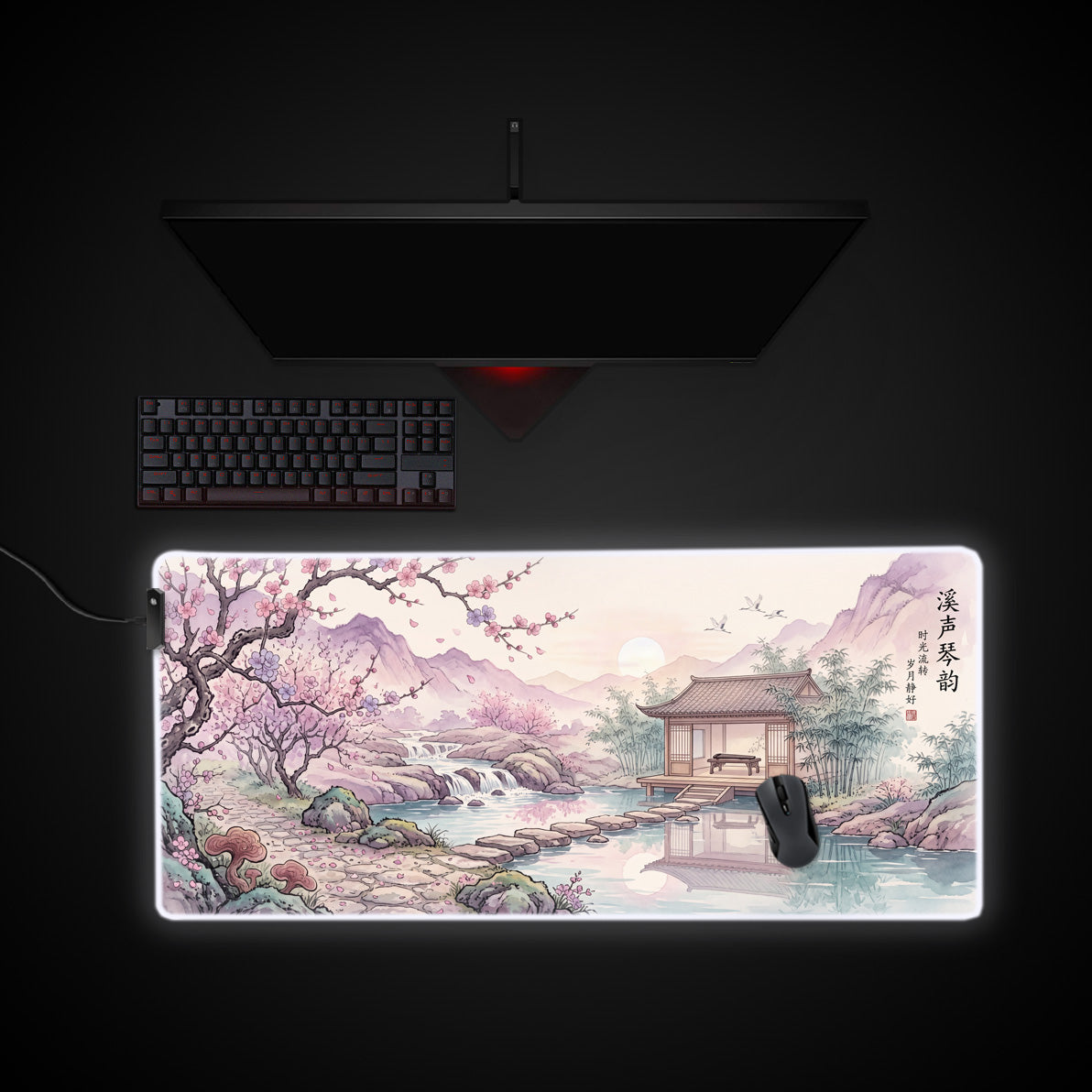 Serene Pavilion desk mat with RGB edge lighting