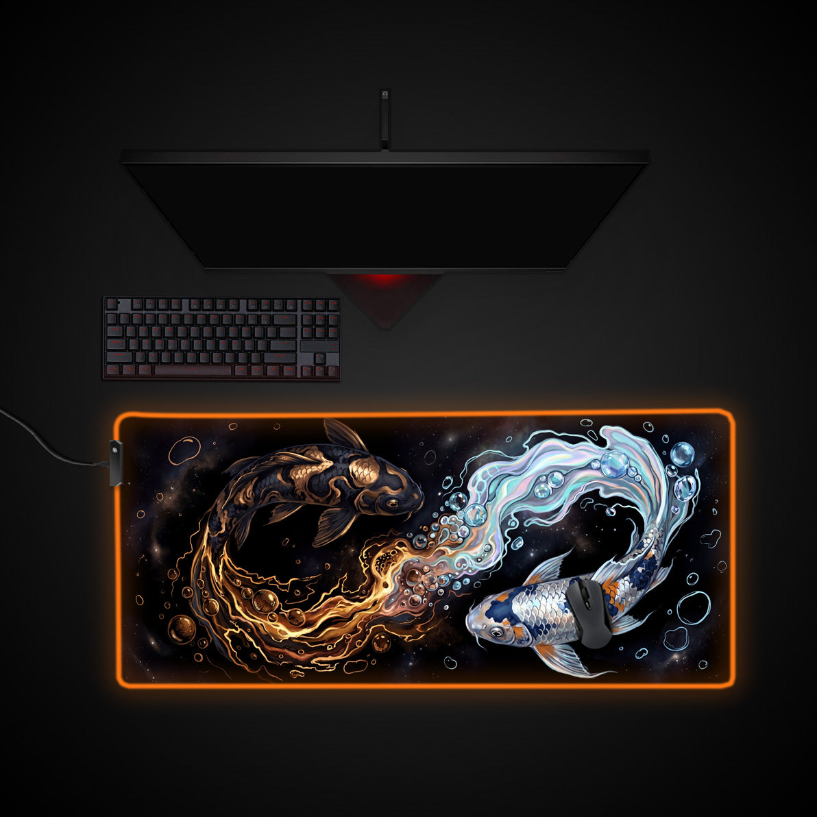 Cosmic Koi desk mat with RGB edge lighting