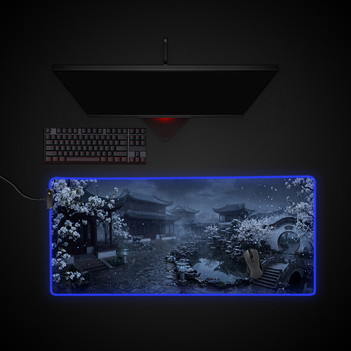 Rainlit Courtyard desk mat with RGB edge lighting