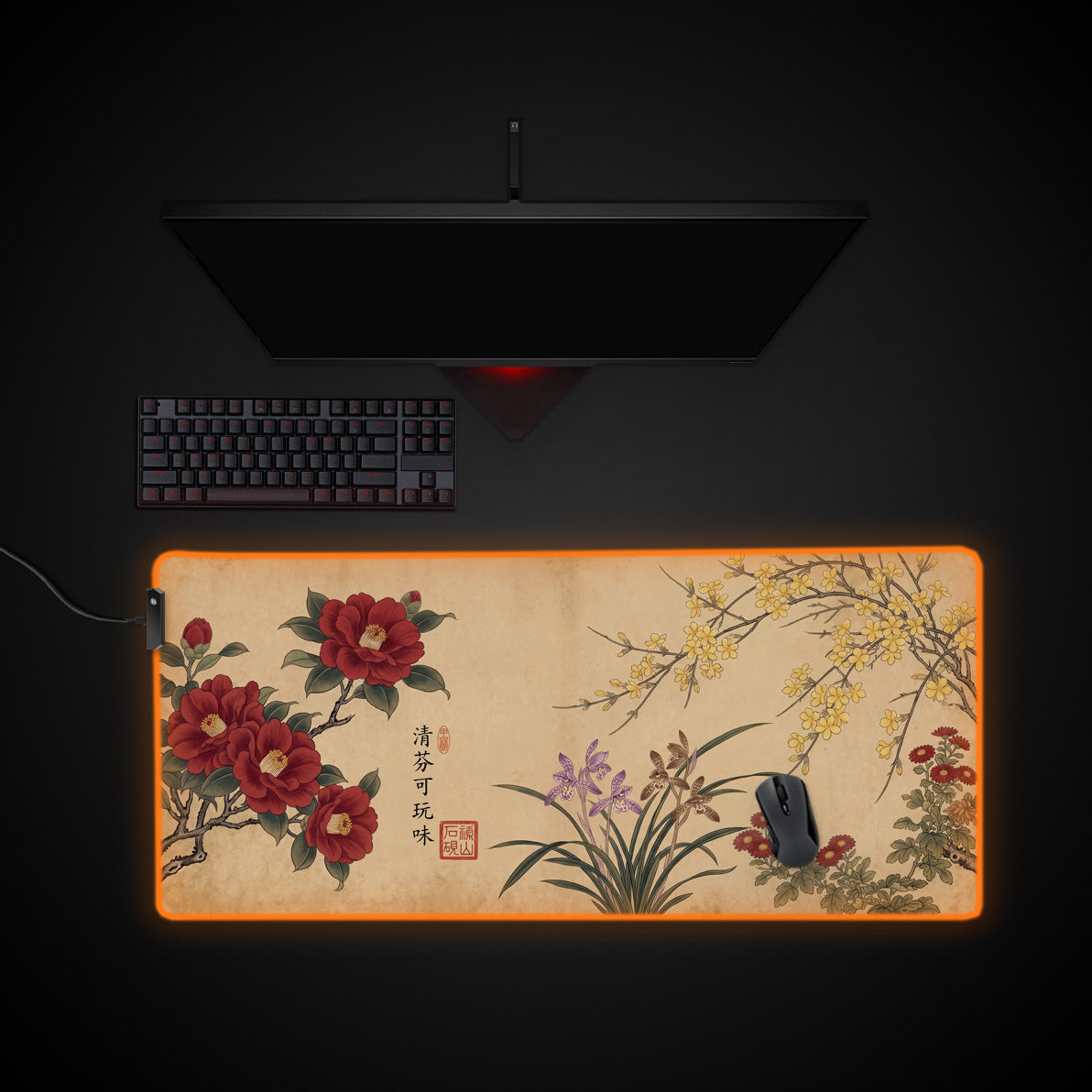 Camellia Blossom desk mat with RGB edge lighting