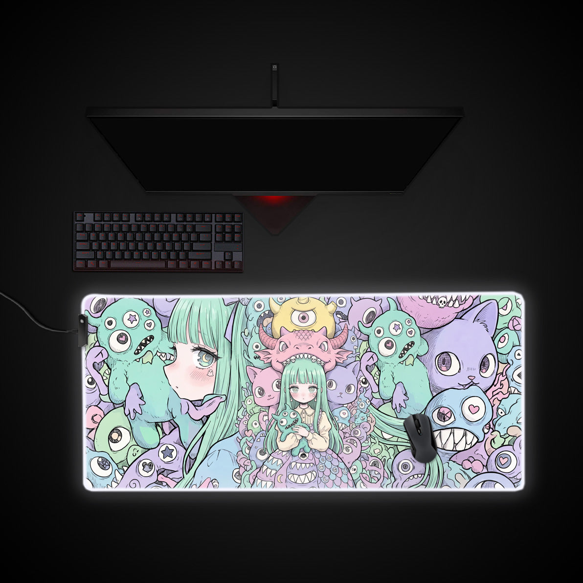 Pastel Monster Swarm desk mat with RGB edge lighting