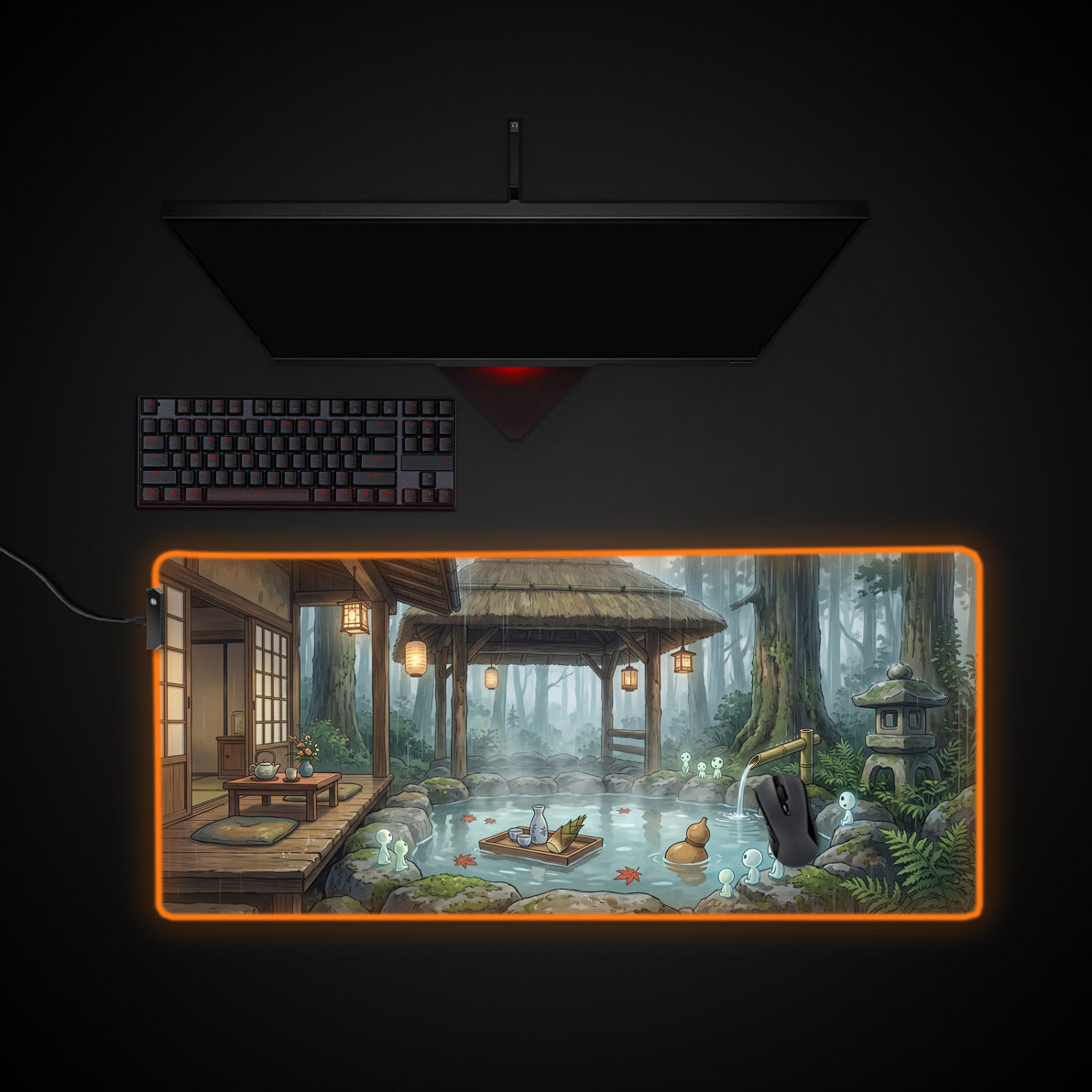 Rainy Onsen Spirits desk mat with RGB edge lighting