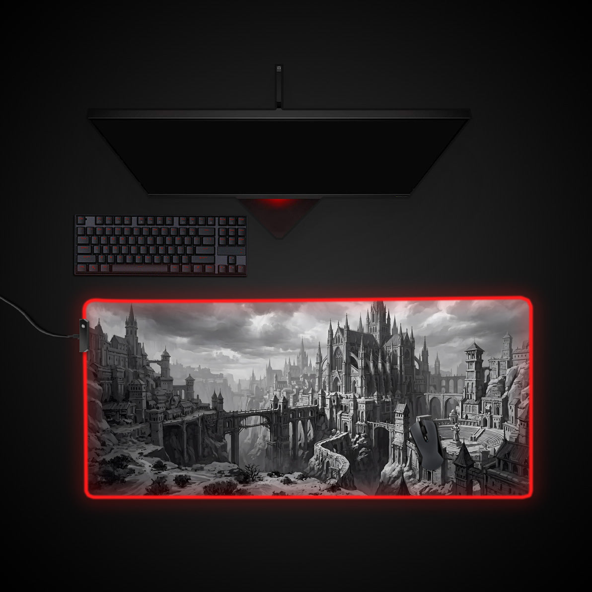 Monochrome Citadel desk mat with RGB edge lighting