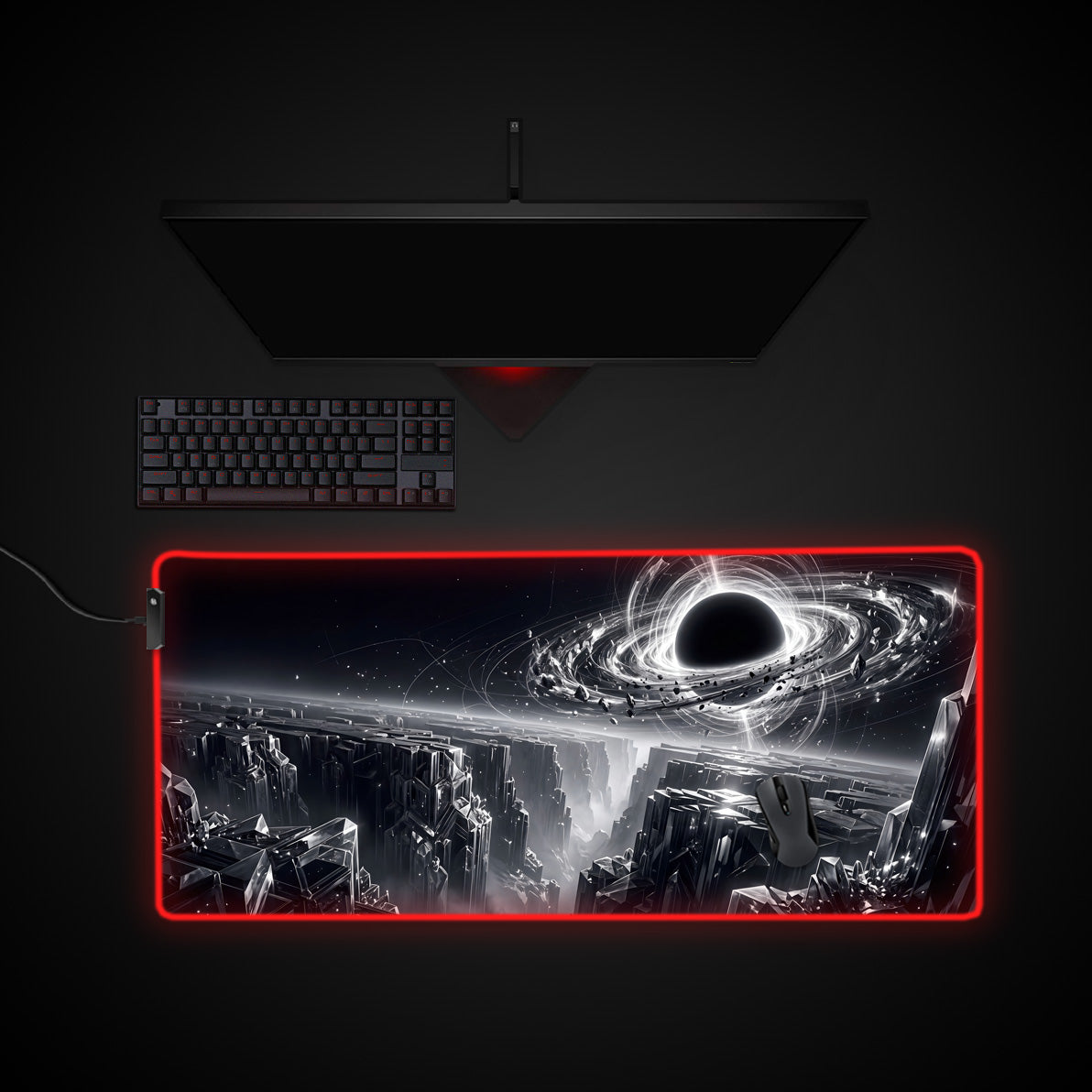 Obsidian Singularity desk mat with RGB edge lighting
