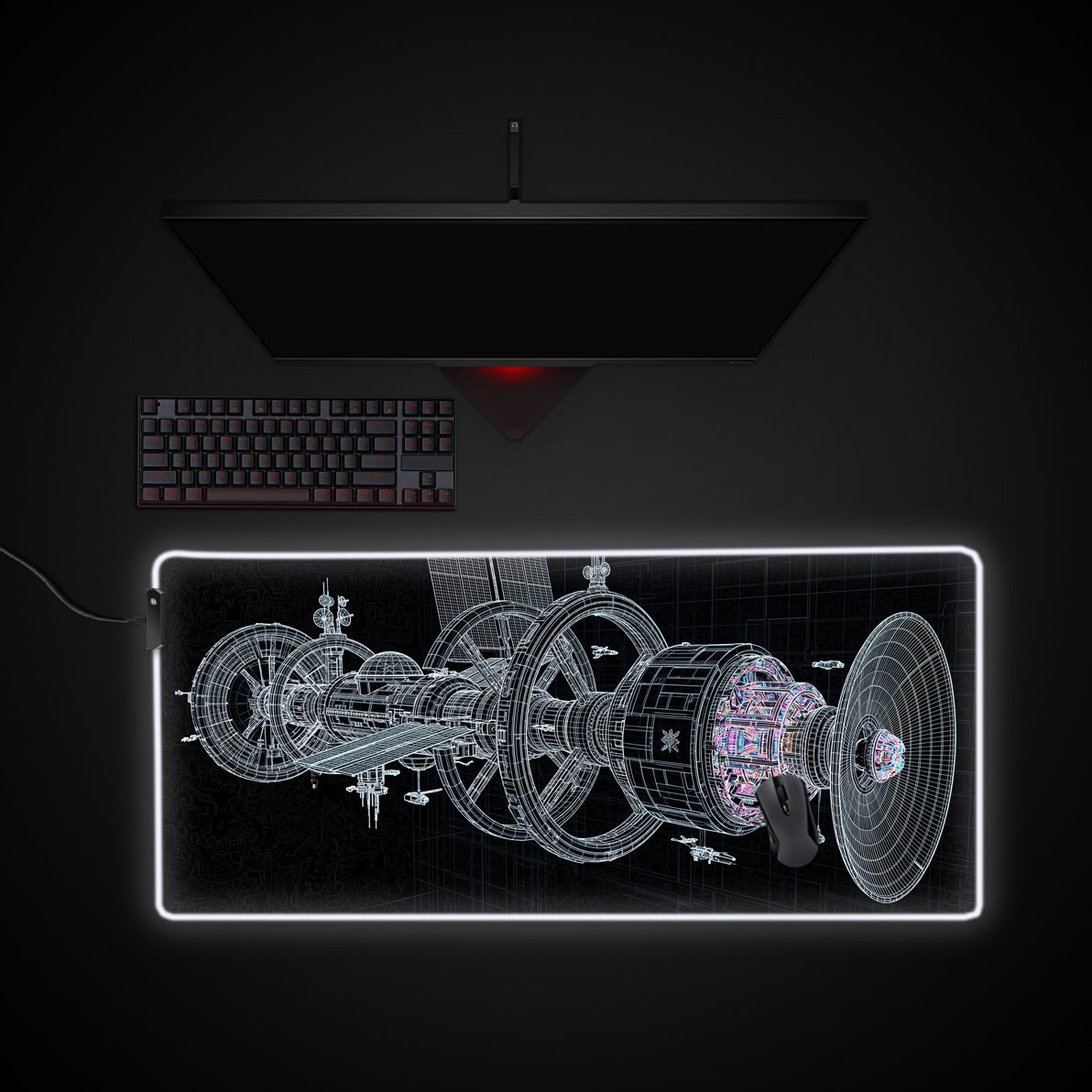 Starship Blueprint desk mat with RGB edge lighting