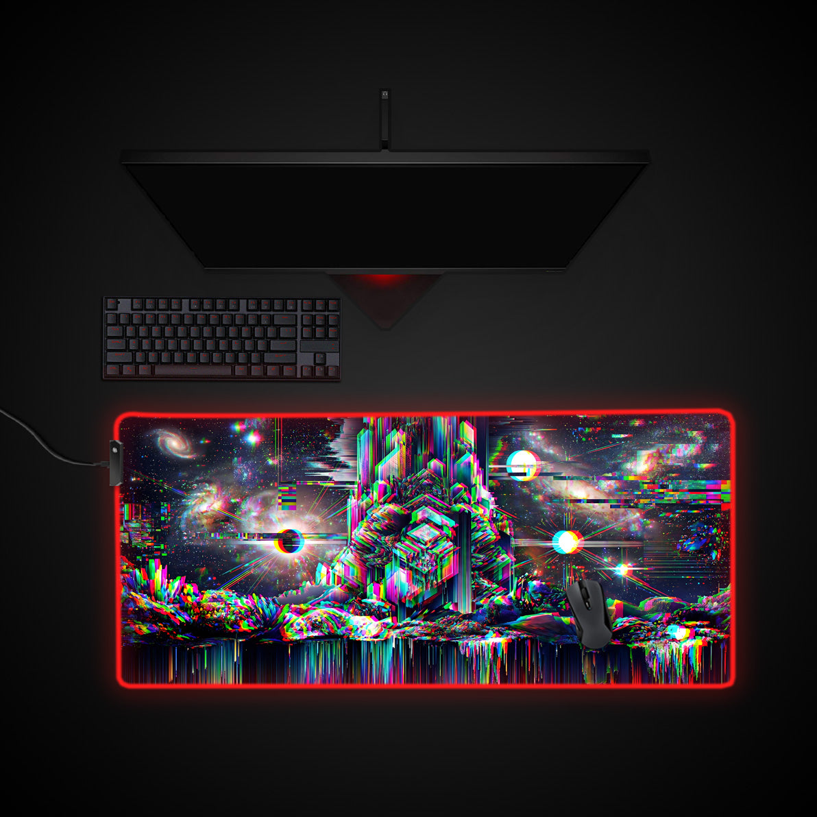 Glitch Galaxy desk mat with RGB edge lighting