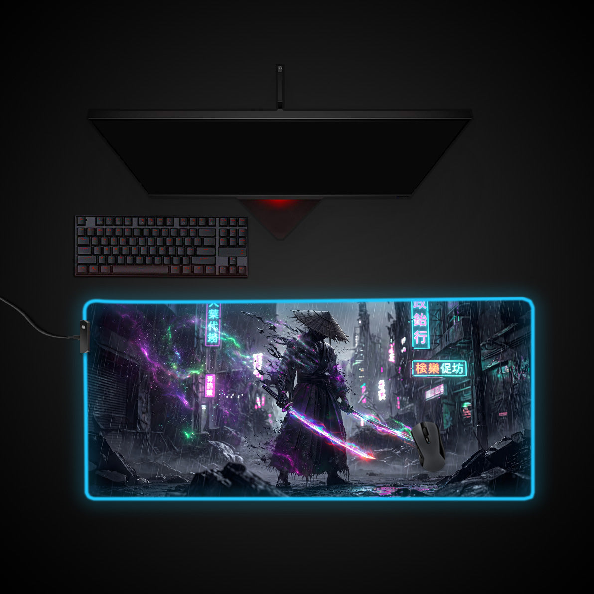 Neon Katana desk mat with RGB edge lighting