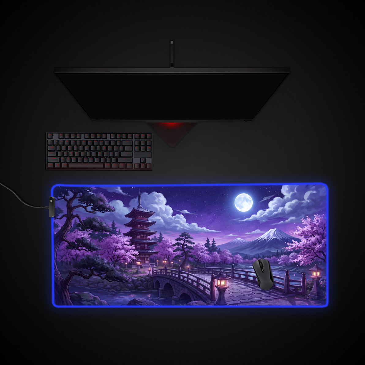 Moonlit Pagoda desk mat with RGB edge lighting