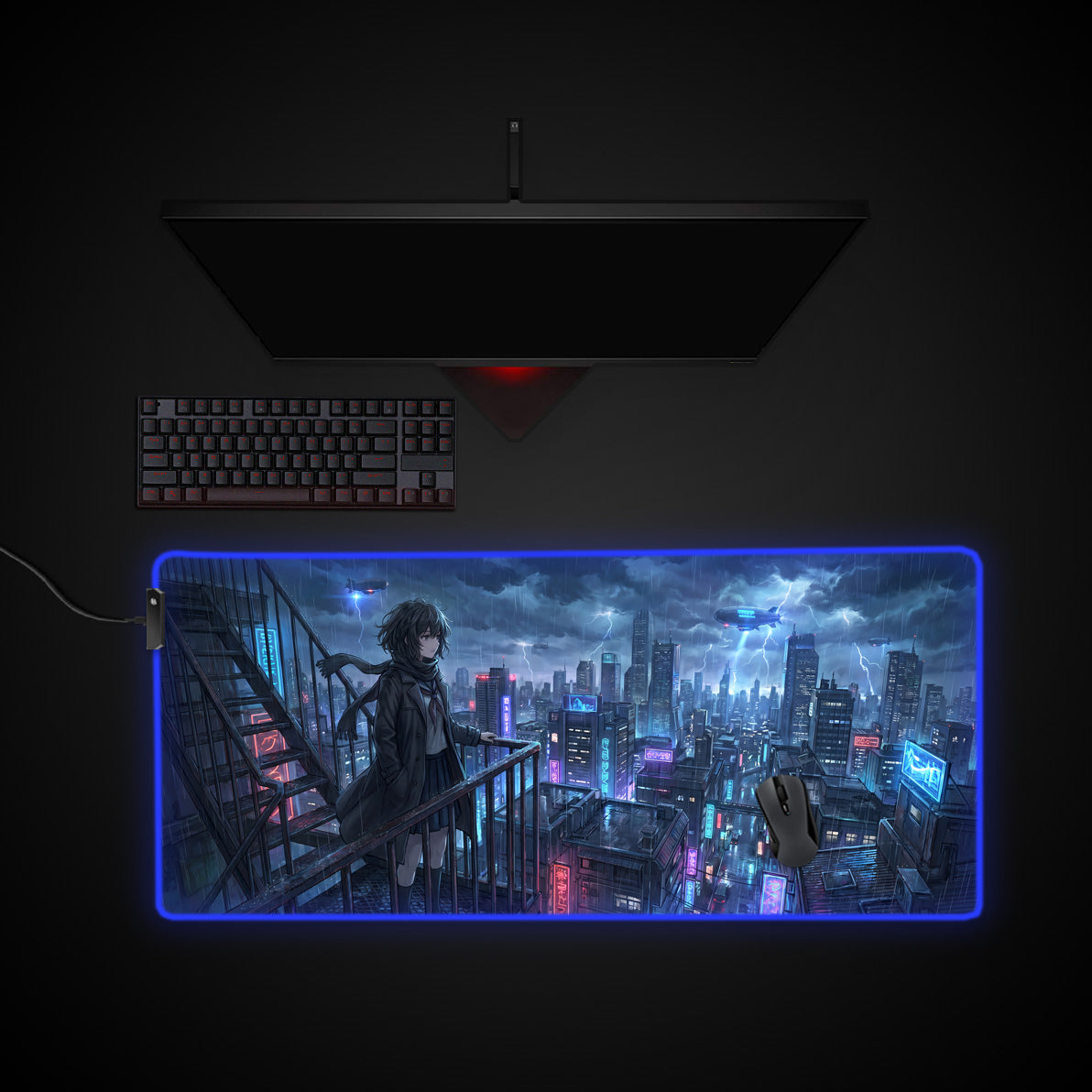 Neon Rainscape desk mat with RGB edge lighting