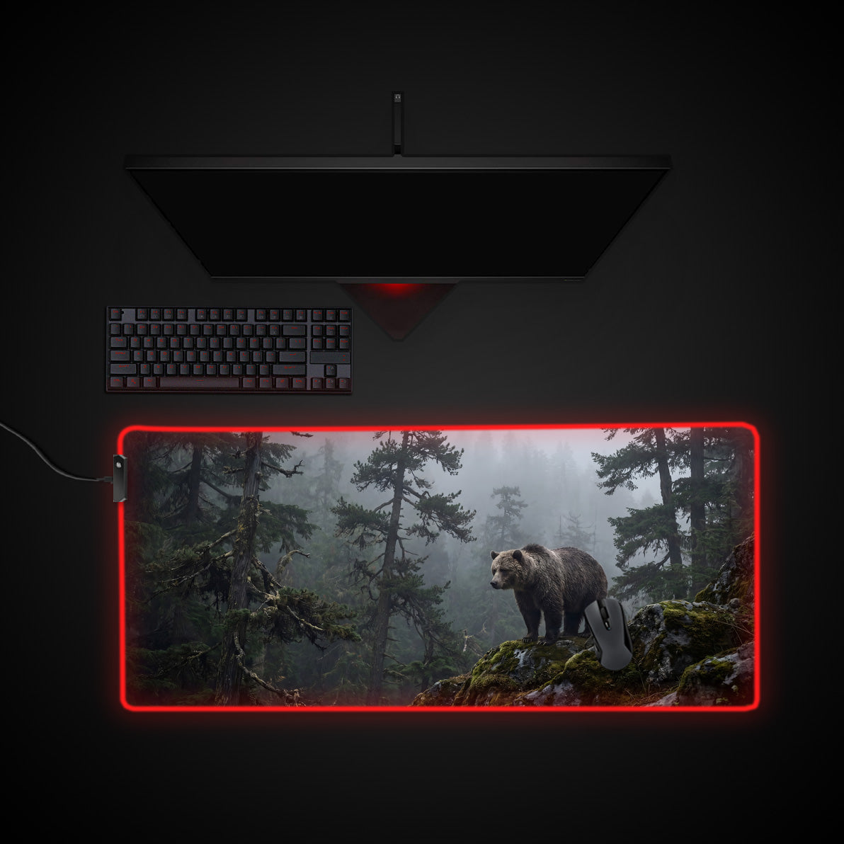 Misty Grizzly Forest desk mat with RGB edge lighting