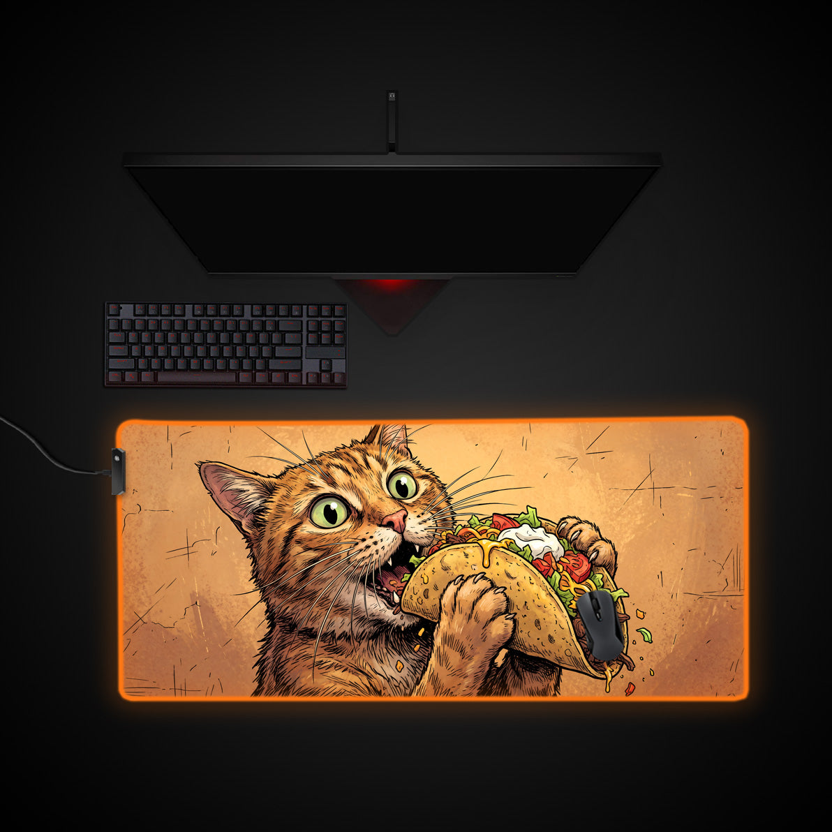 Taco Cat desk mat with RGB edge lighting