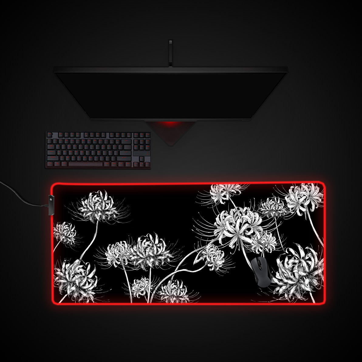 White Spider Lilies desk mat with RGB edge lighting