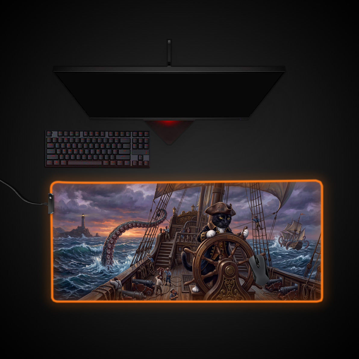 Pirate Cat Captain desk mat with RGB edge lighting