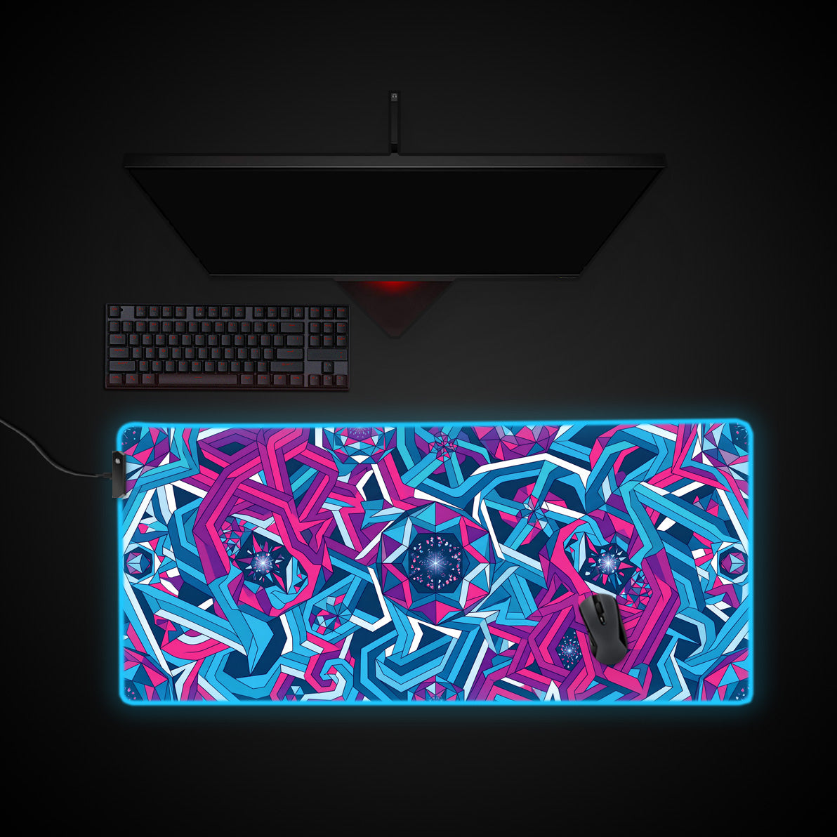 Neon Fractals desk mat with RGB edge lighting