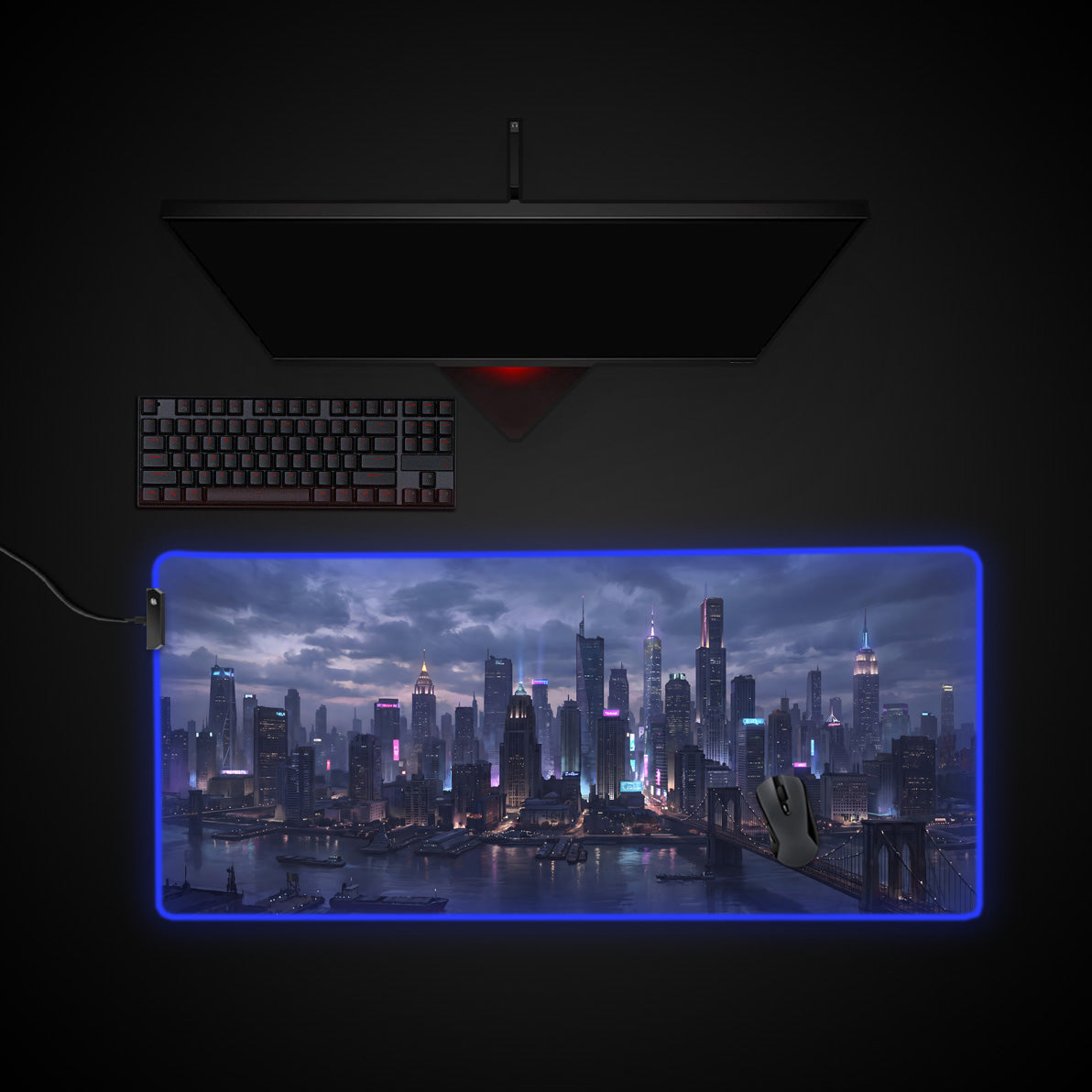 Twilight Metropolis desk mat with RGB edge lighting