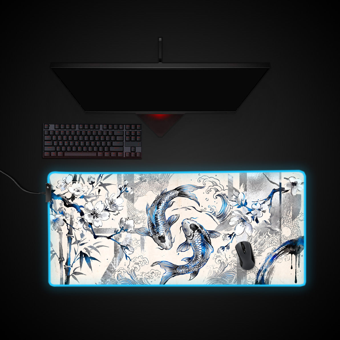 Azure Koi desk mat with RGB edge lighting