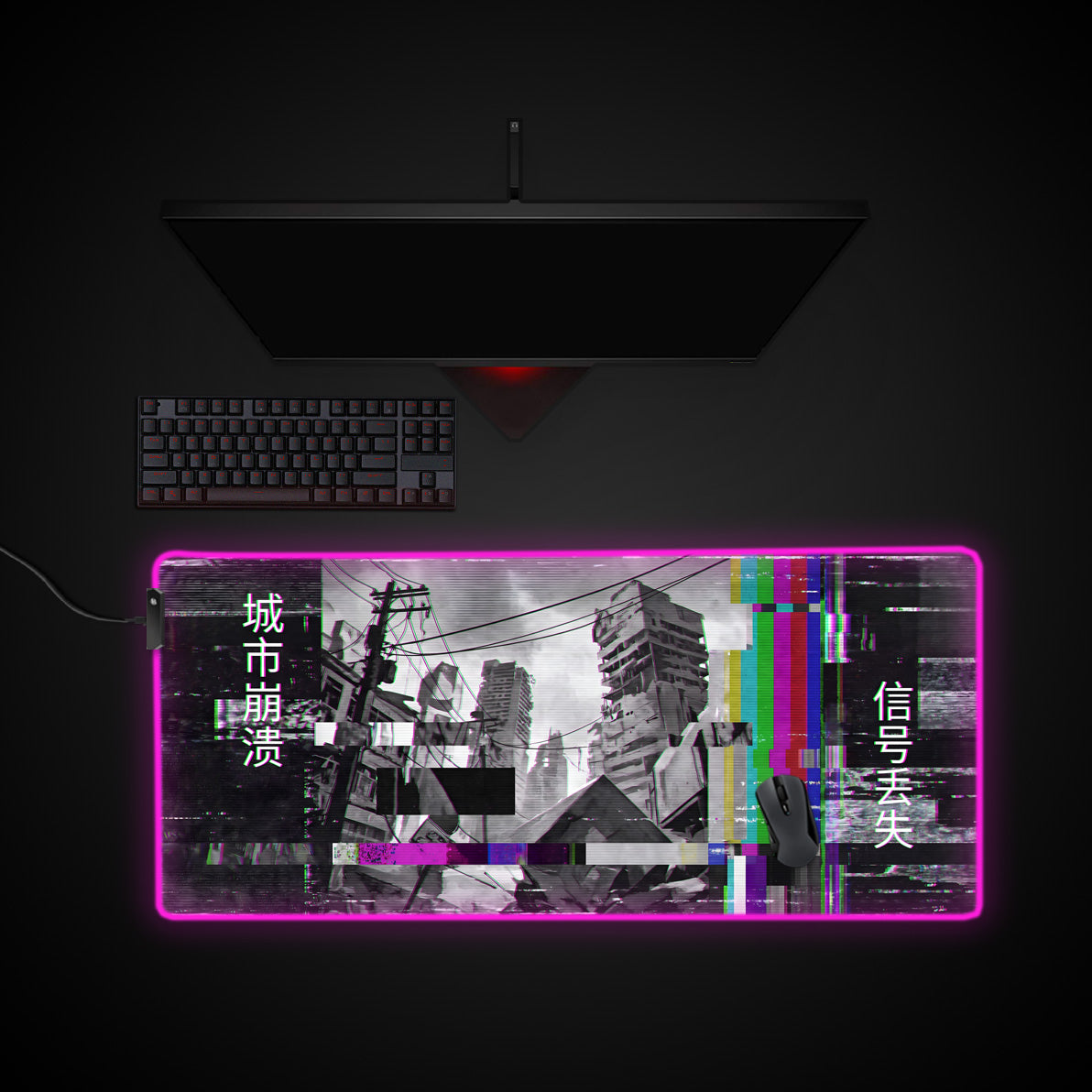 City Collapse desk mat with RGB edge lighting