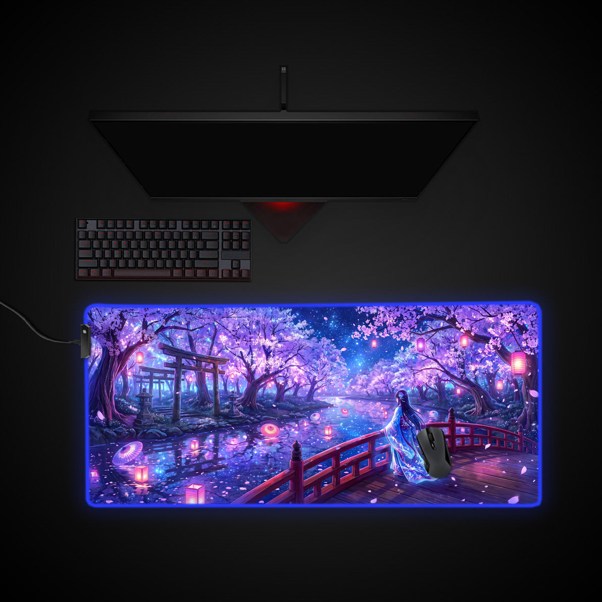 Moonlit Torii desk mat with RGB edge lighting